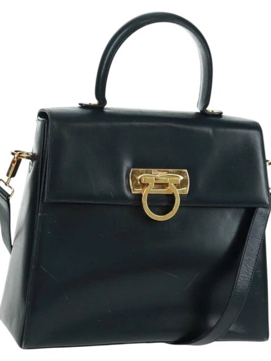 Salvatore Ferragamo Handbags - Salvatore Ferragamo Gancini Hand Bag Leather 2way Navy Gold